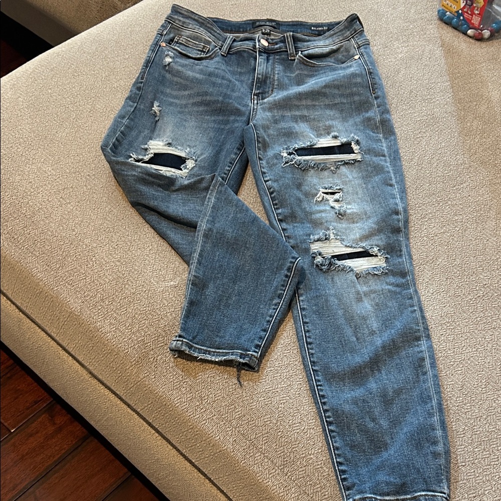 Judy Blue Ripped Boyfriend Jeans - Classic Blue